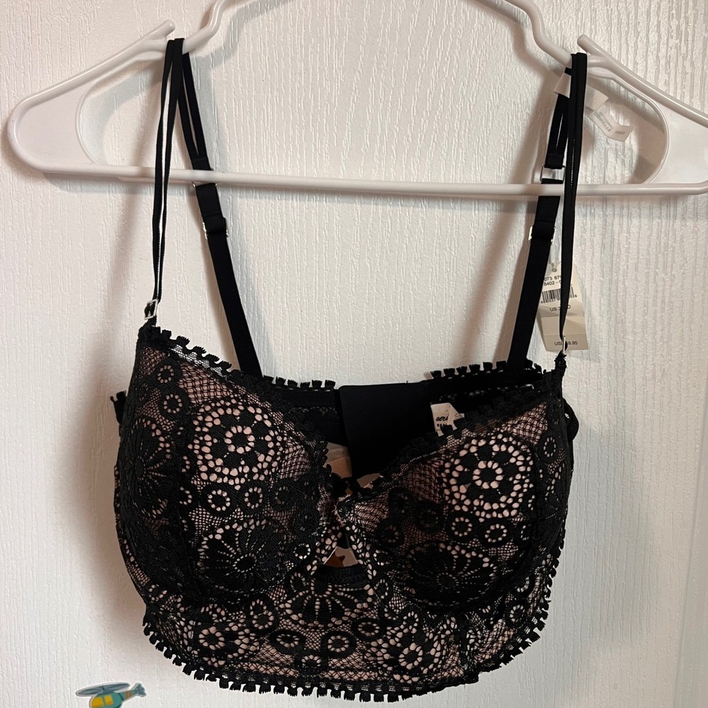 Aerie Balconette Bra Black Lace Nude Lining Longline 32DD 073-8791-8402-073 NEW‎
